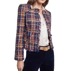 L'AGENCE Navy Plaid Fringe Tweed Blazer NWT